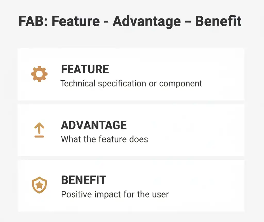 Template showing Feature, Advantage, Benefit rows with simple icons for product page bullets